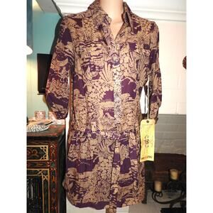VINTAGE NWT Y2K DA-NANG PURPLE COTTON PRINT SHIRTDRESS W/ SELF BELT XS